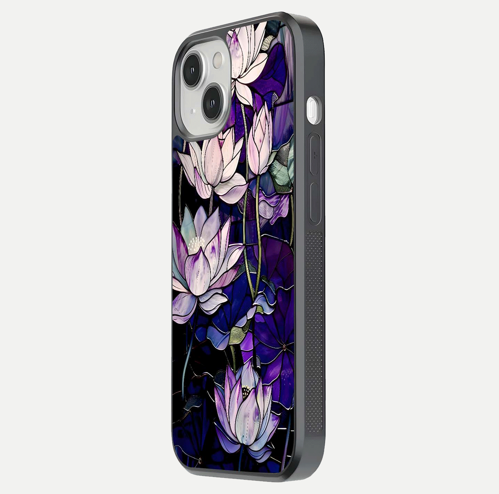 Purple Lotus Pattern Glass Case for iPhone 13 side-angle image showing reflection depth and lotus detail