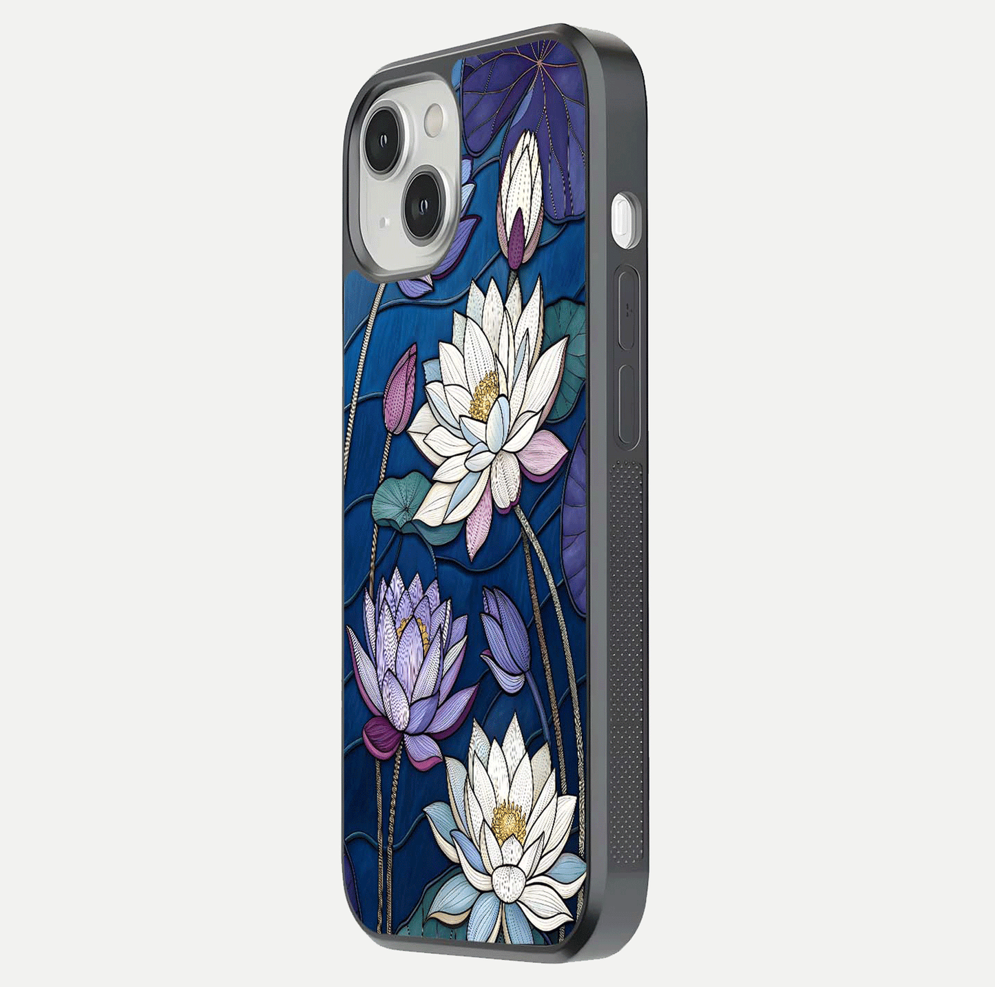Purple Lotus Stained Glass Case for iPhone 13 side-angle image showing gloss, reflection, and intricate detailing