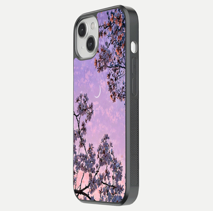 Purple Serenity Moon Glass Case for iPhone 13 side-angle image showing reflection and lunar art precision