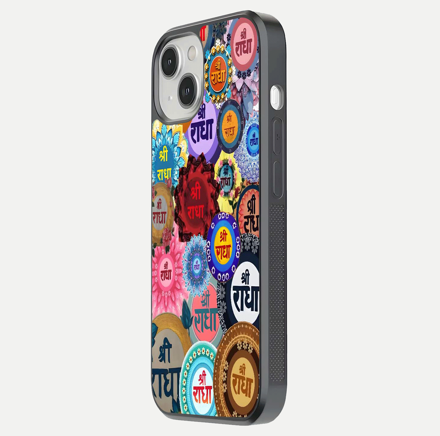Radha Divine Bloom Glass Case for iPhone 13 side-angle image showing shine, reflection, and floral motif
