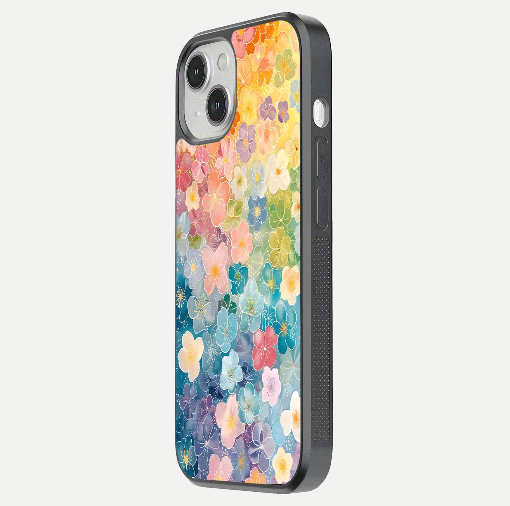 Rainbow Blossom Burst Glass Case for iPhone 13 side-angle image showing reflection and floral burst detail