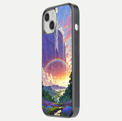 Rainbow Valley Dream Glass Case for iPhone 16 Pro side-angle image showing light reflection and scenic tones