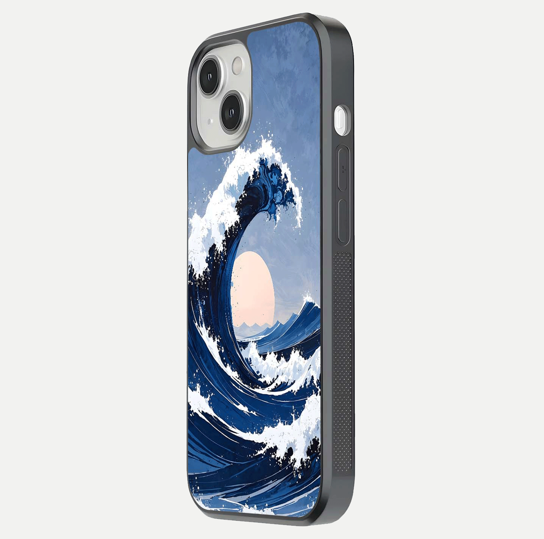 Rising Tide Power Glass Case for iPhone 13 side-angle image showing shine and detailed ocean art