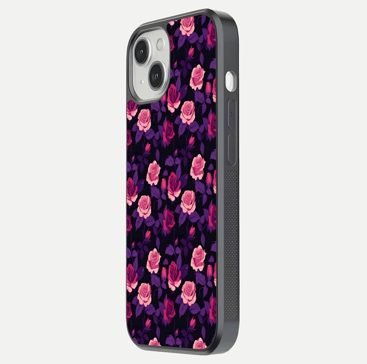 Rose Garden Twilight Glass Case for iPhone 13 side-angle image showing reflection, gloss, and floral detail