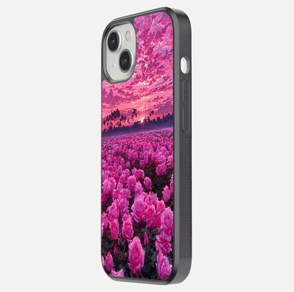 Rose Sunset Valley Glass Case for iPhone 13 side-angle image showing smooth edges and floral glow