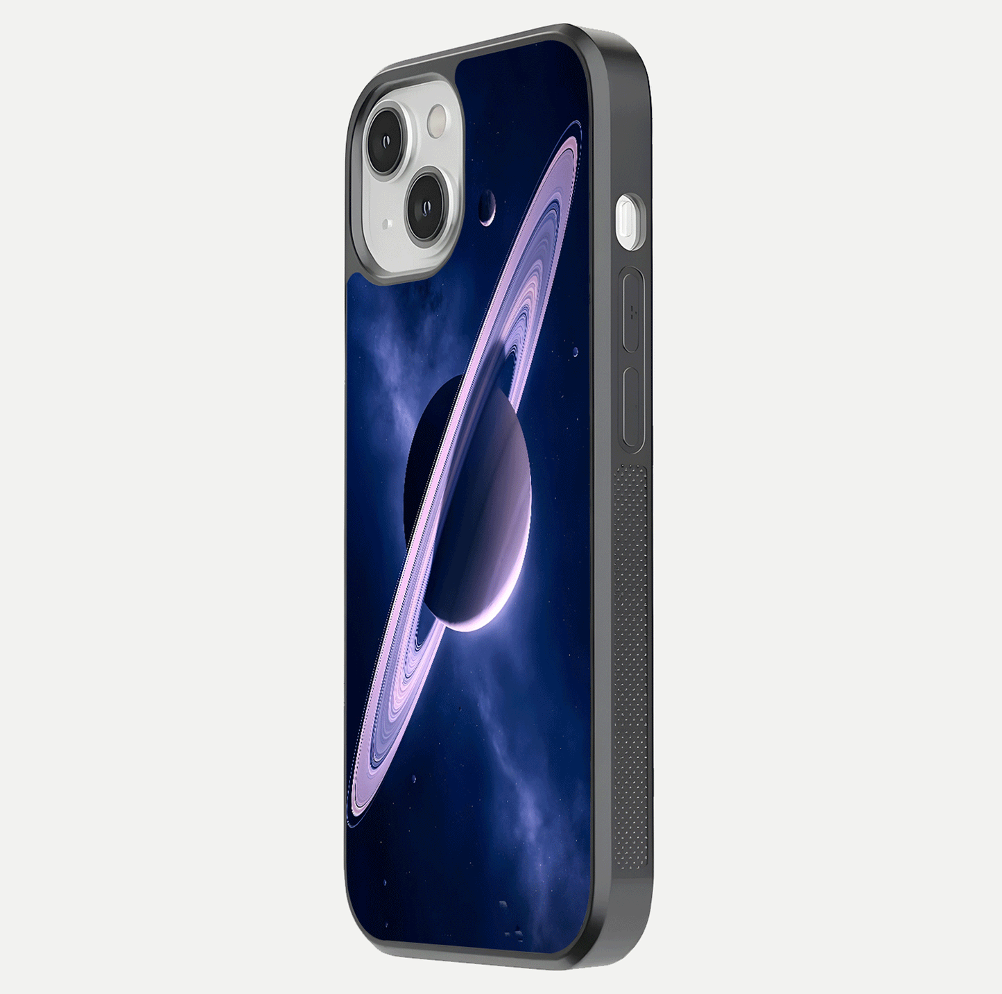 Saturn Ring Mystique Glass Case for iPhone 13 side-angle image showing shine and galaxy ring focus
