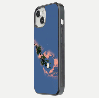 Sky Under Tree Glass Case for iPhone 13 side-angle image showing shine, edge texture, and scenic detail
