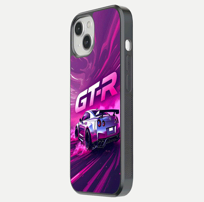 Speed Drift Legend Glass Case for iPhone 13 side-angle image showing car print reflection and surface gloss