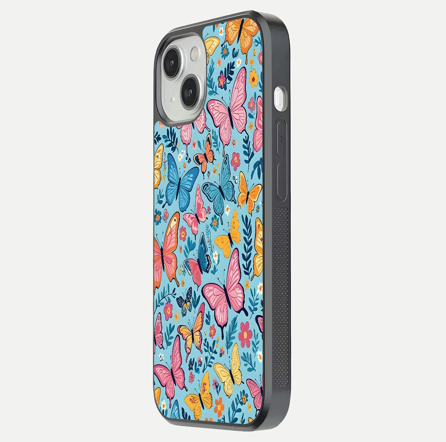 Spring Wing Garden Glass Case for iPhone 13 side-angle image showing shine, color, and pattern depth