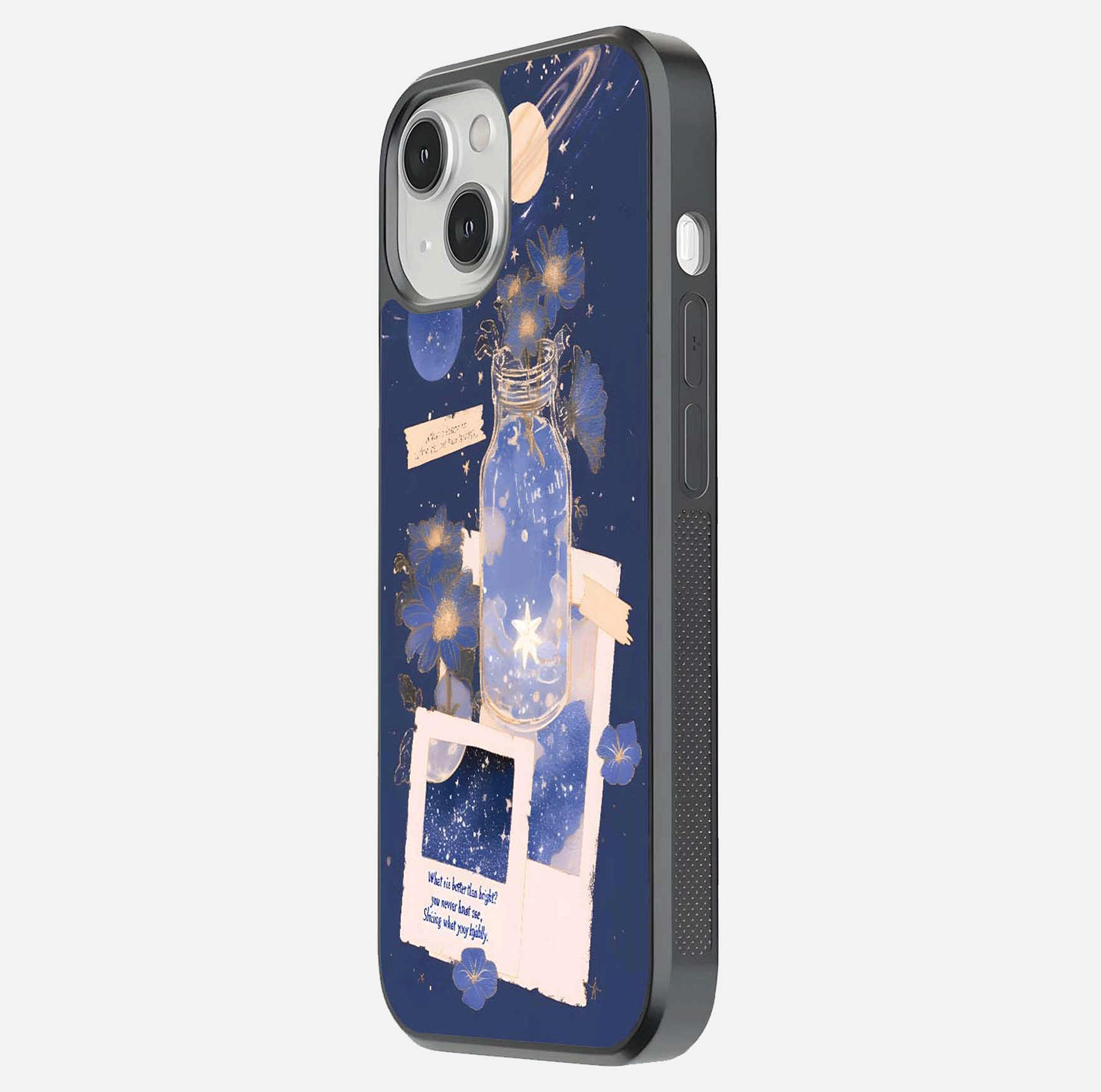 Starlit Cosmic Jar Glass Case for iPhone 13 side-angle image showing glow, texture, and light reflection