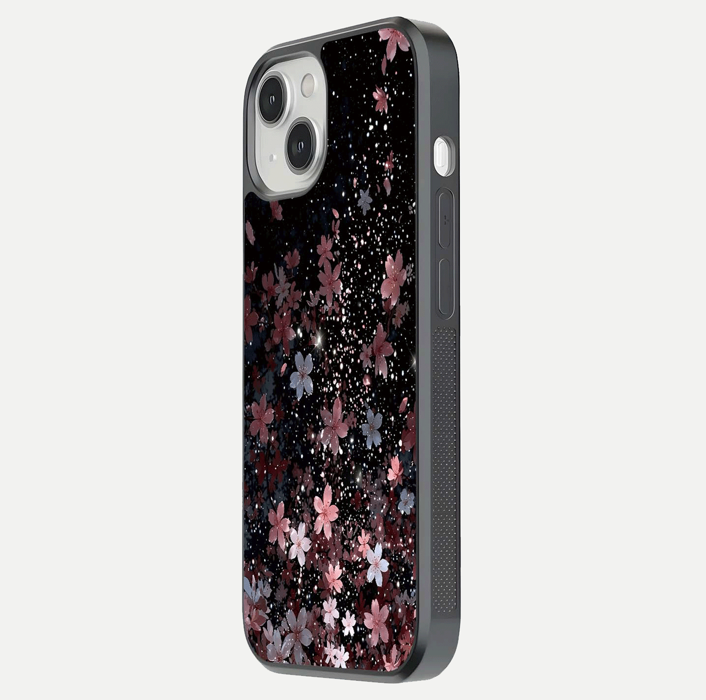 Starlit Flower Dreams Glass Case for iPhone 13 side-angle image showing shine, edge detail, and floral contrast