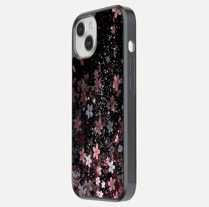 Starlit Flower Dreams Glass Case for iPhone 13 side-angle image showing shine, edge detail, and floral contrast