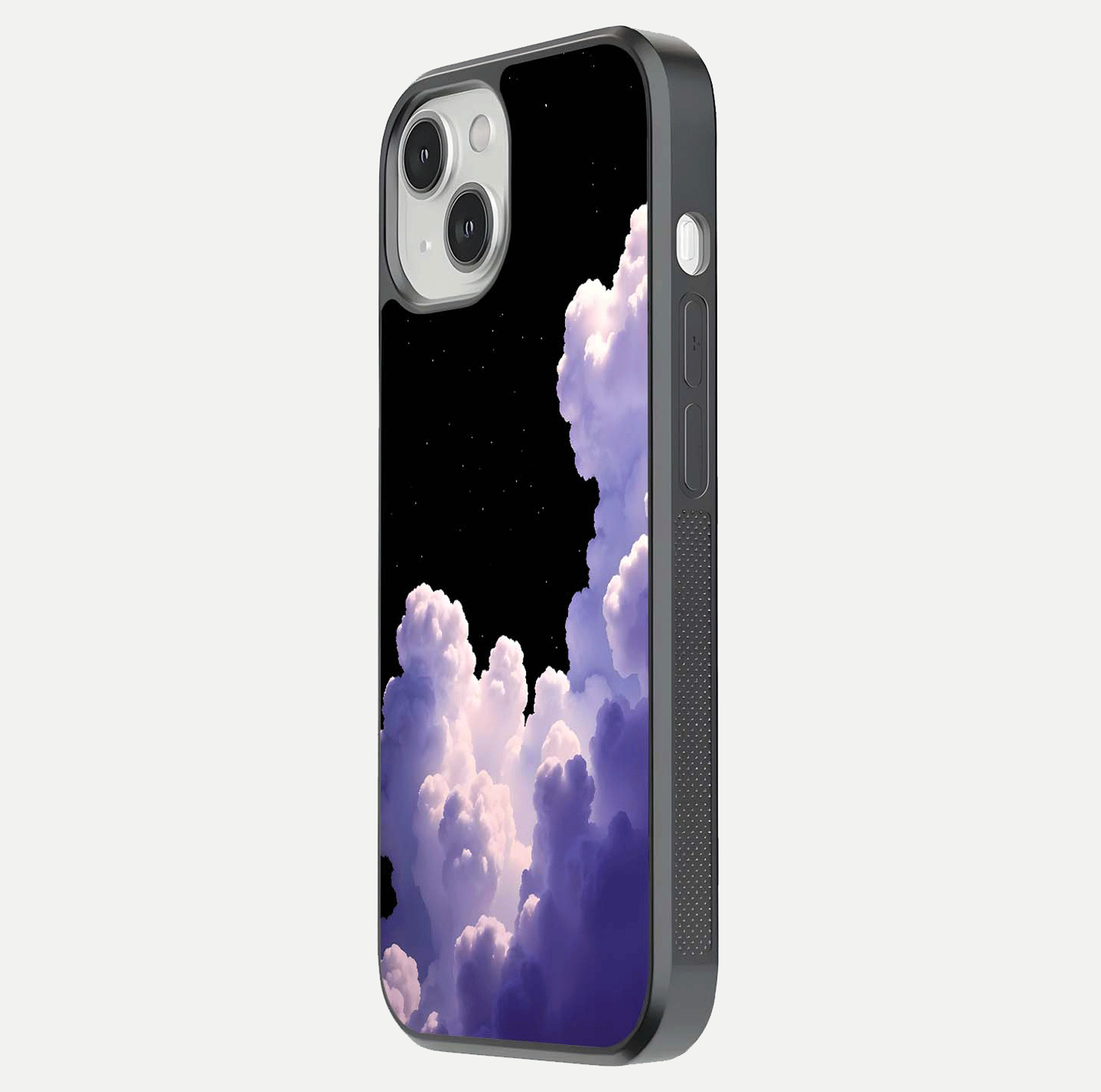 Starlit Night Whispers Glass Case for iPhone 13 side-angle image showing reflection and night pattern shine