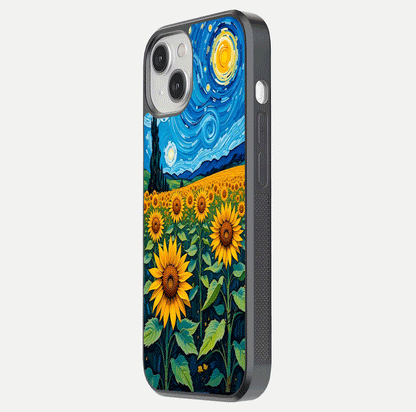 Starry Sunflower Dreams Glass Case for iPhone 13 side-angle image showing reflection, stars, and yellow tone