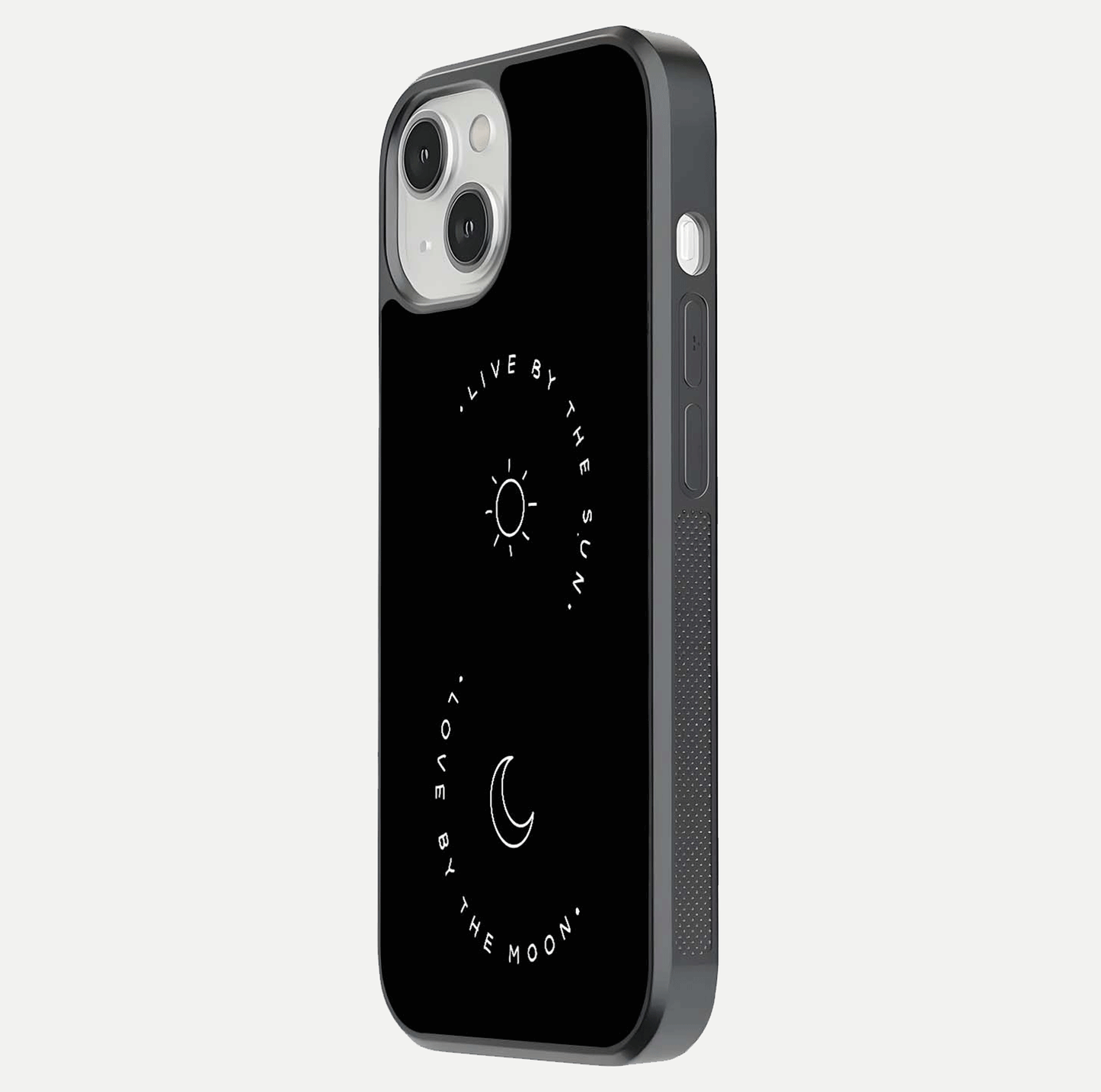 Sun Moon Balance Glass Case for iPhone 13 side-angle image showing reflection and celestial detailing