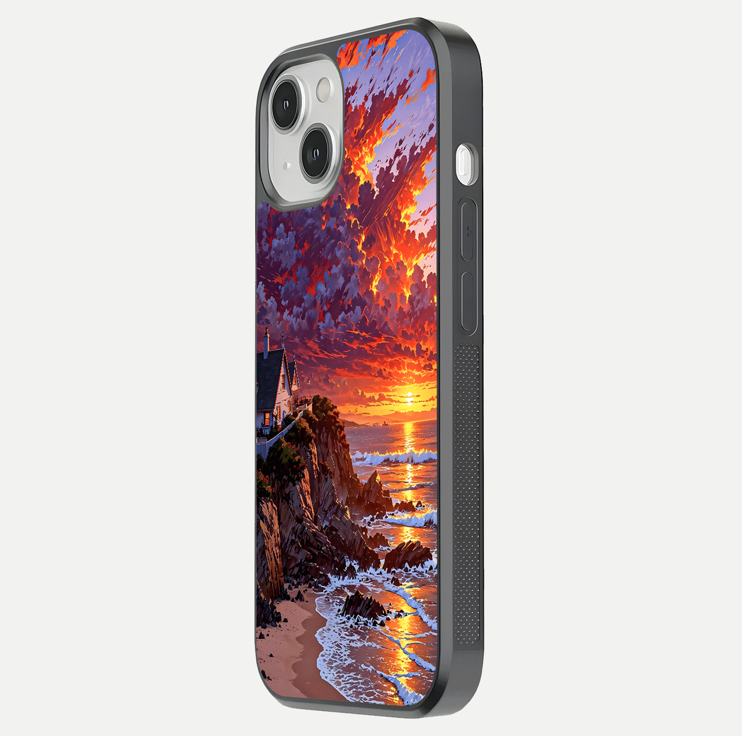 Sunset House by Sea Glass Case for iPhone 13 side-angle image showing reflection and seaside color tone