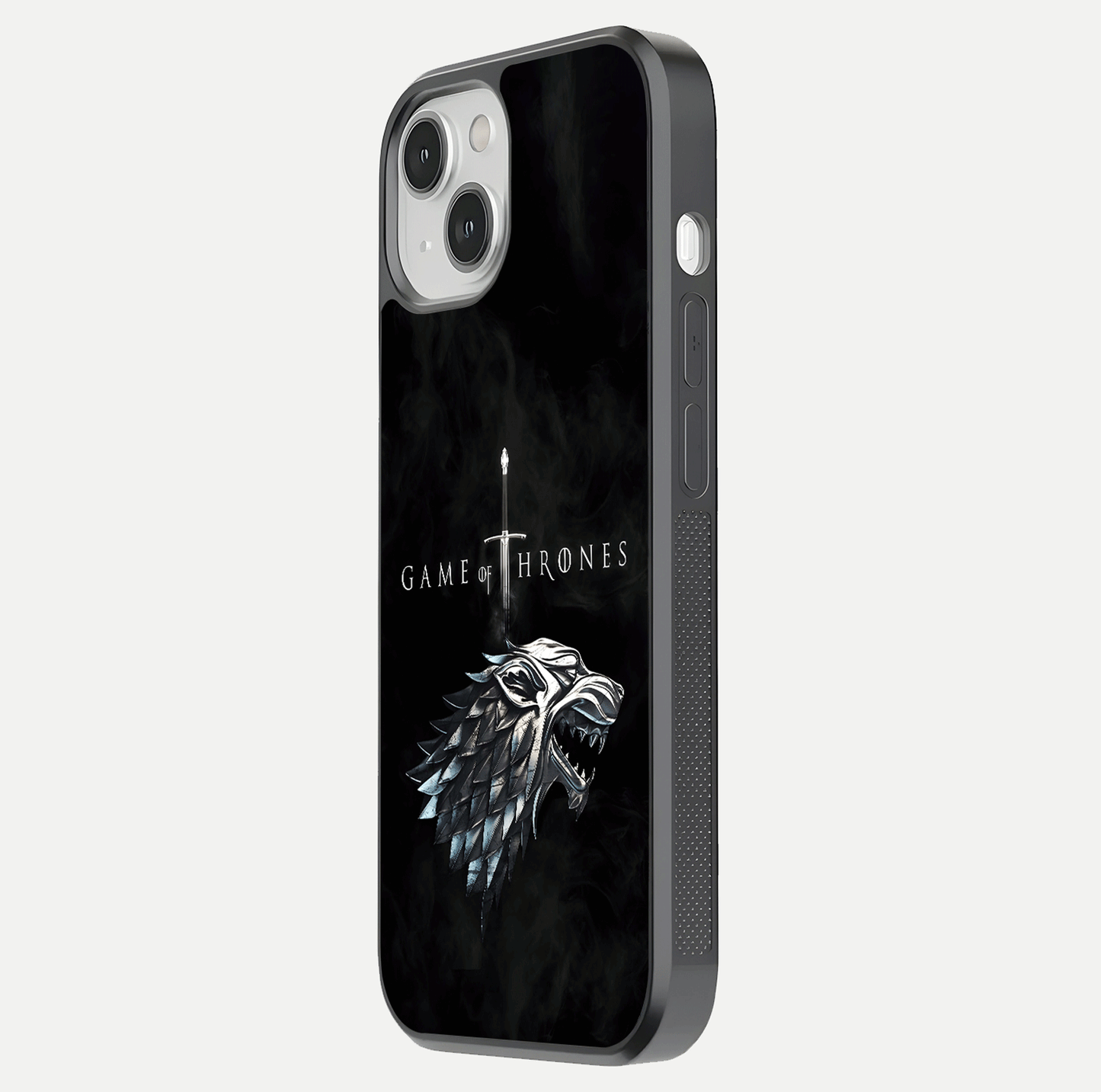 Throne Wolf Legacy Glass Case for iPhone 13 side-angle image showing gloss, texture, and HD print