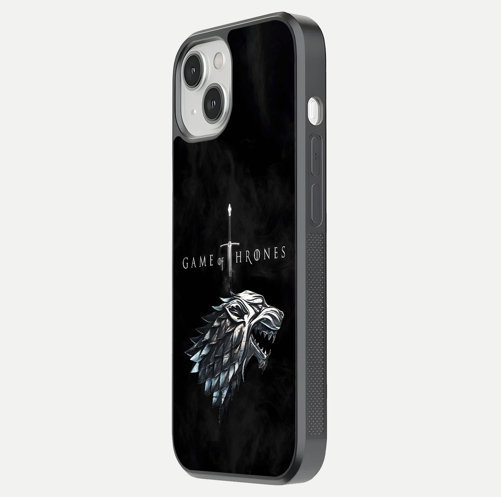 Throne Wolf Legacy Glass Case for iPhone 13 side-angle image showing gloss, texture, and HD print