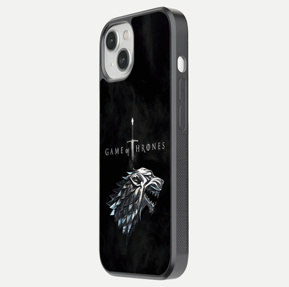 Throne Wolf Legacy Glass Case for iPhone 13 side-angle image showing gloss, texture, and HD print