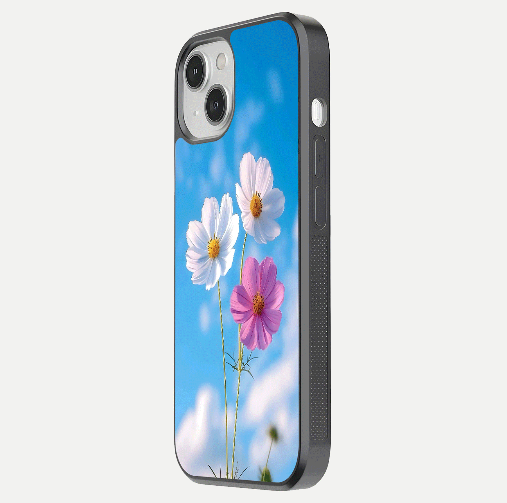 Triple Flowers With Sky Glass Case for iPhone 13 side-angle image showing gloss, texture, and floral design