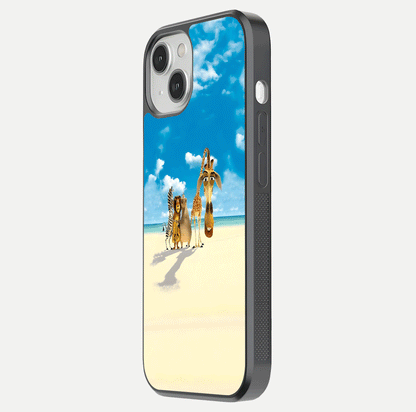 Tropical Fun Squad Glass Case for iPhone 13 side-angle image showing shine, color depth, and surface gloss