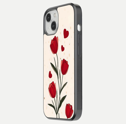 Tulip With Heart Glass Case for iPhone 13 side-angle image showing floral reflection and subtle gradient