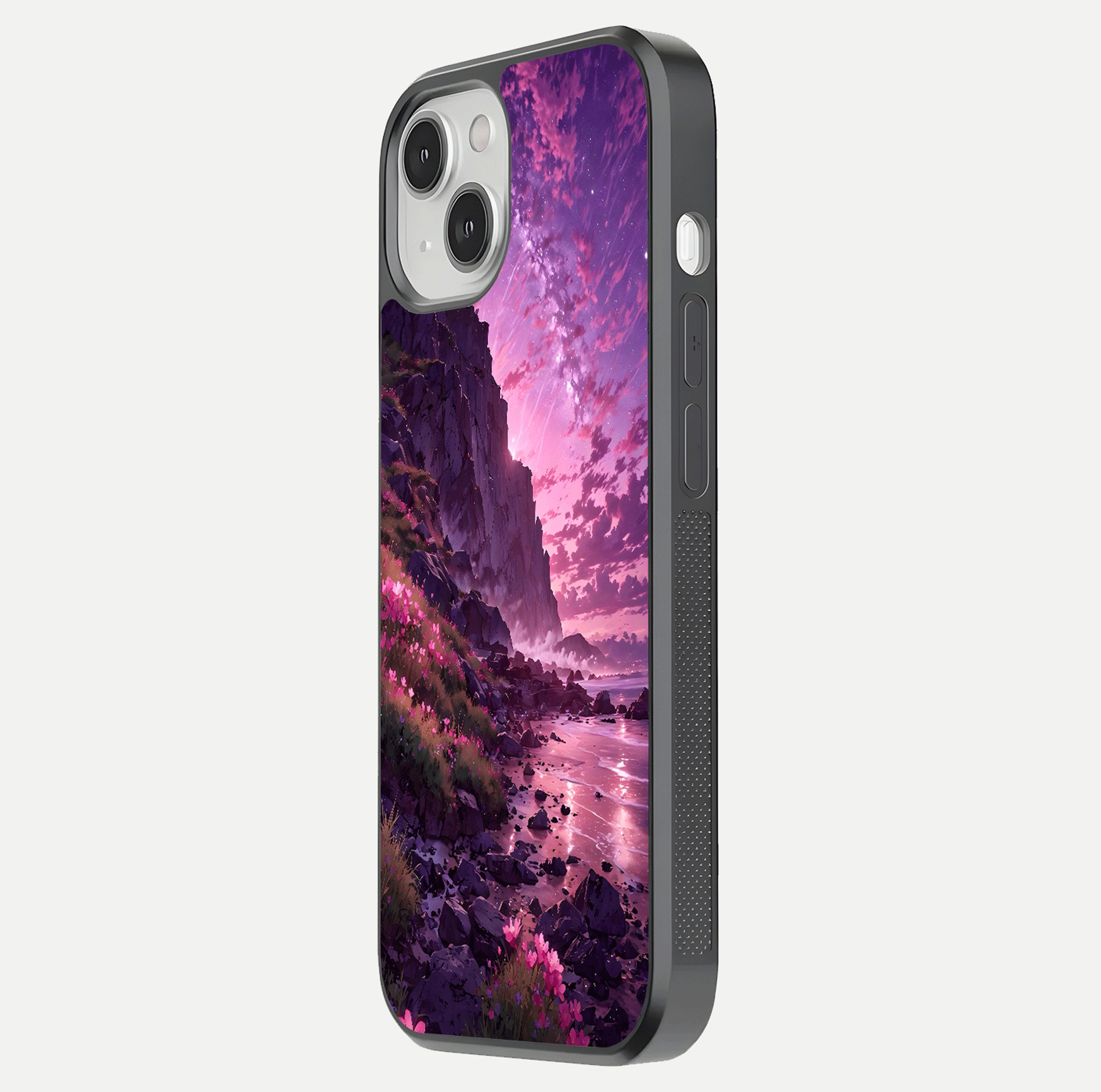 Twilight Blossom Coast Glass Case for iPhone 13 side-angle image showing shine, reflection, and petal tone