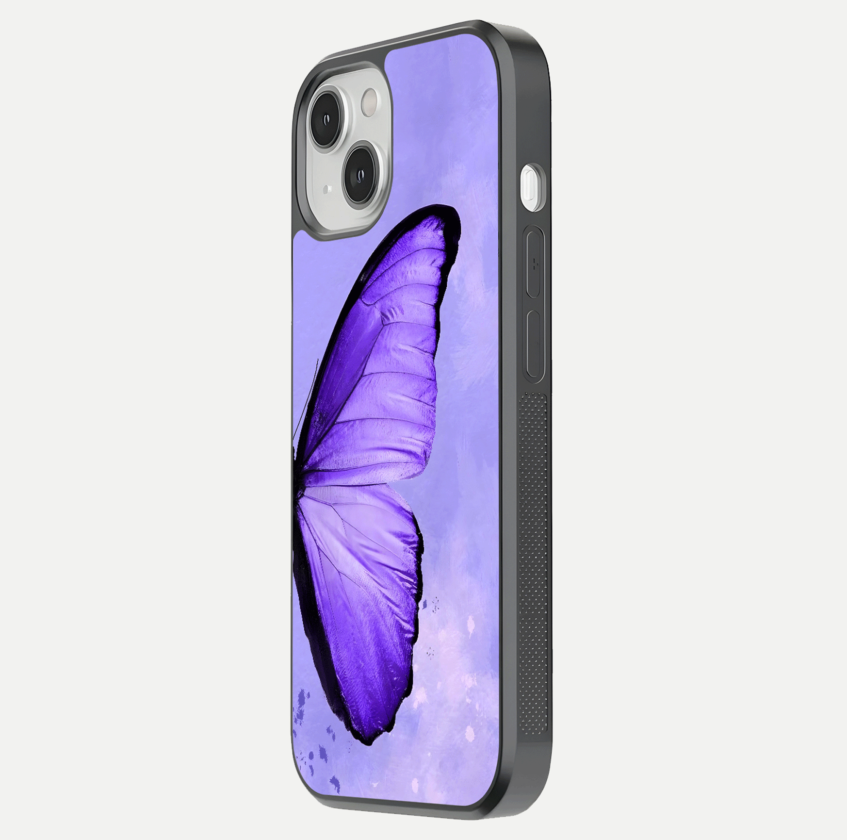 Violet Dream Wing Glass Case for iPhone 13 side-angle image showing gloss, shine, and violet gradient