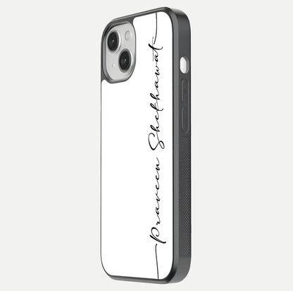 White Tune Custom Name Glass Case for iPhone 13 side-angle image showing shine, gloss, and minimal tone