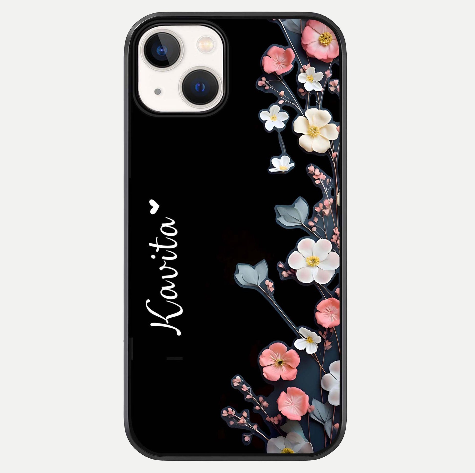 Black Elegance Floral Custom Name Glass Case For iPhone 13 by Custom World