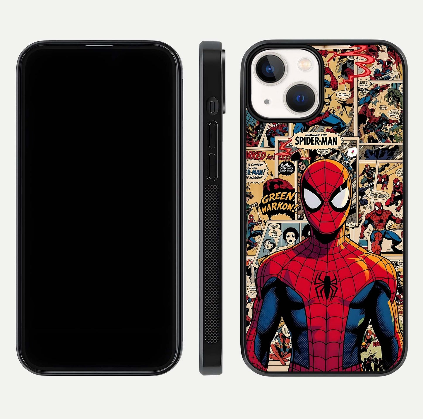 Aesthetic Spider Man Glass Case for iPhone 16 Pro front and back view layout showing black front display and Spider-Man art glass back