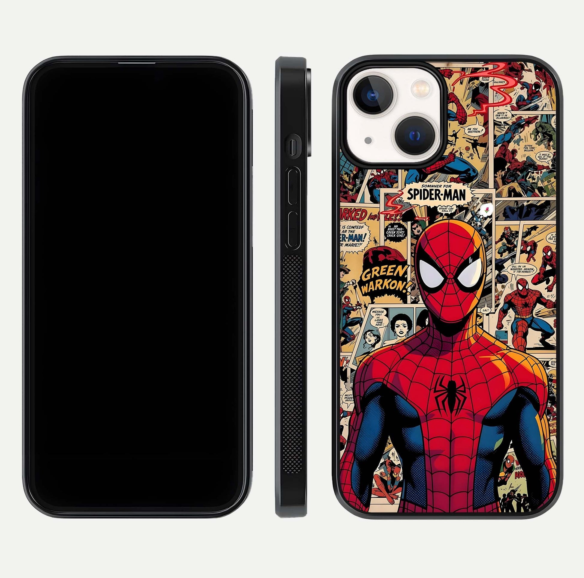 Aesthetic Spider Man Glass Case for iPhone 16 Pro front and back view layout showing black front display and Spider-Man art glass back