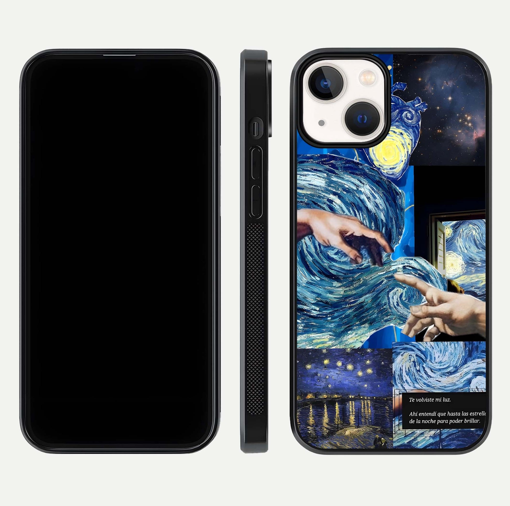 Aesthetic Vando Hands Glass Case for iPhone 16 Pro front and back layout highlighting camera cutout and premium glass shine