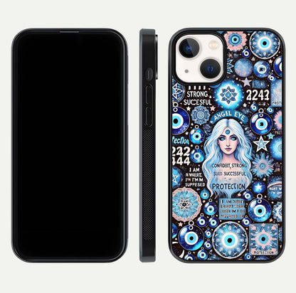 Angel Aura Shield Glass Case for iPhone 16 Pro front and back display highlighting glass clarity and spiritual design