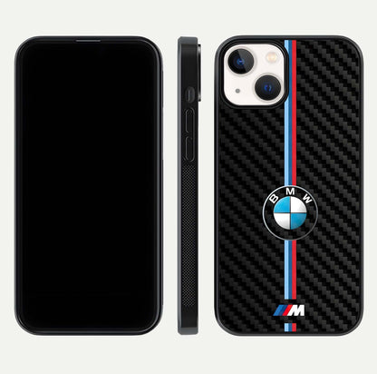 BMW Pattern Glass Case for iPhone 13 Mini front-and-back layout displaying car-themed art and premium glass gloss