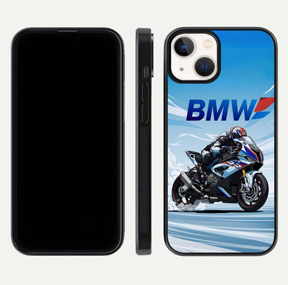 BMW Power Drift Glass Case for iPhone 13 Mini dual-view layout showing energy pattern and edge clarity