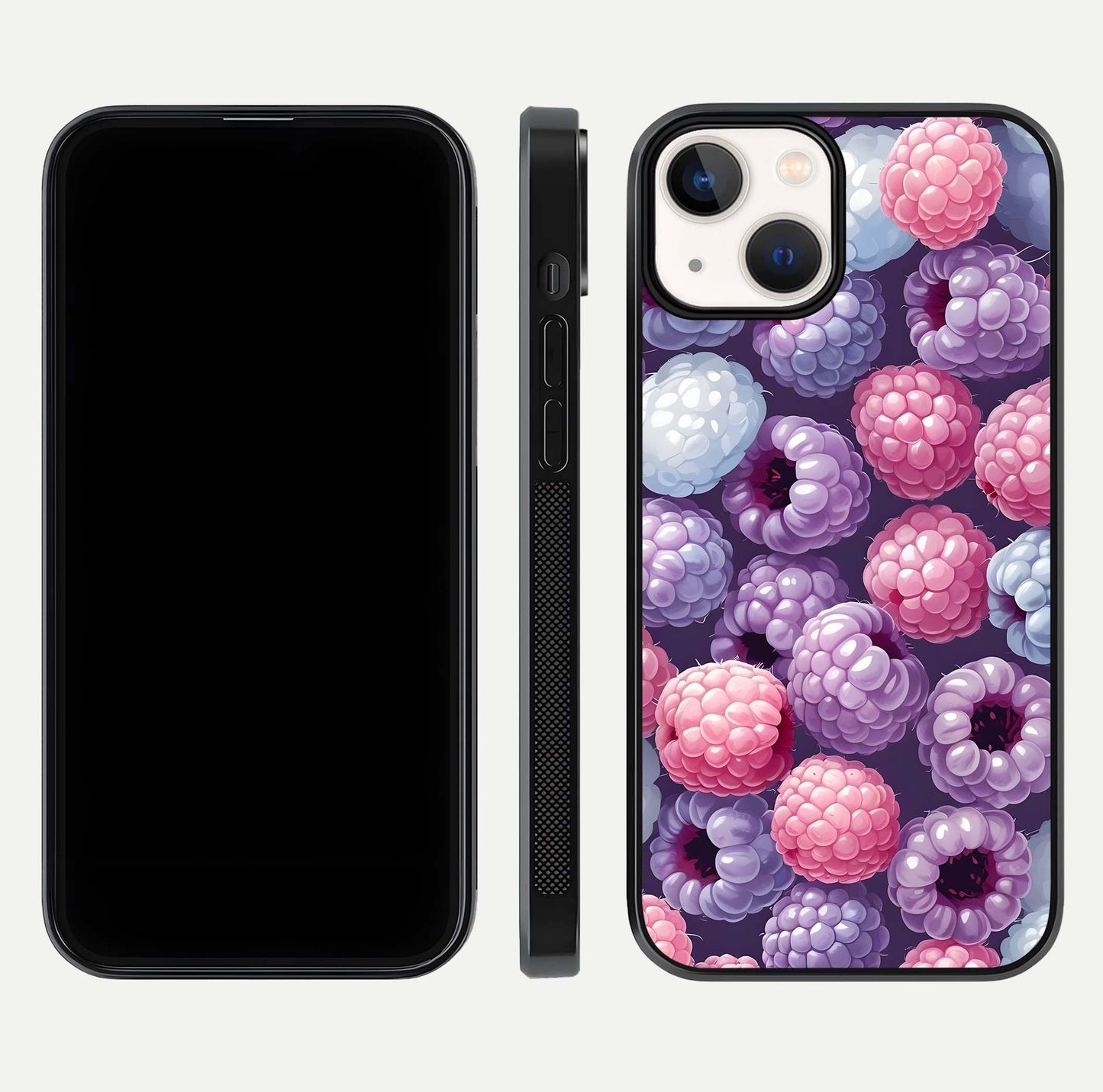 Berry Candy Pop Glass Case for iPhone 13 Mini front-and-back layout showing colorful pattern and sleek protective frame