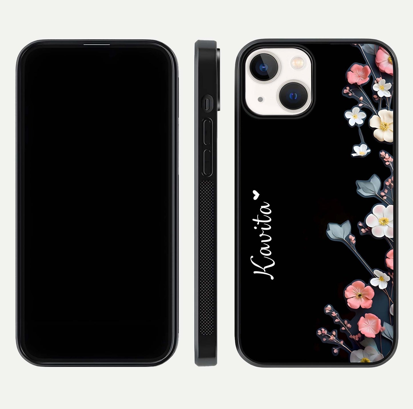 Black Elegance Floral Custom Name Glass Case for iPhone 13 Mini dual-view layout displaying name placement and gloss finish
