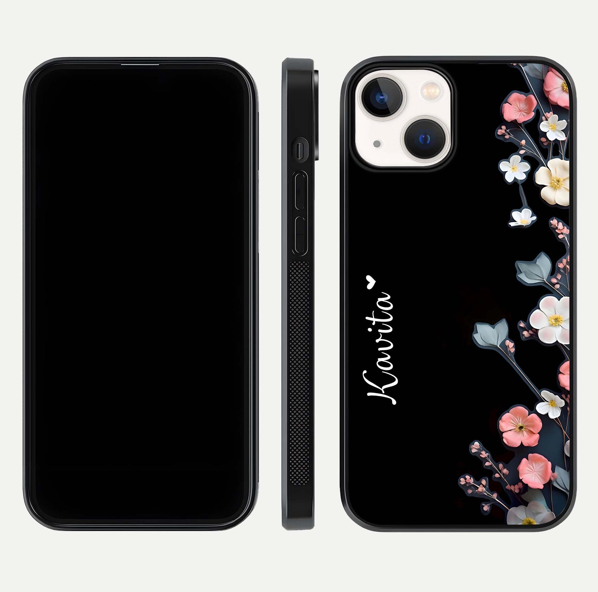 Black Elegance Floral Custom Name Glass Case for iPhone 13 Mini dual-view layout displaying name placement and gloss finish