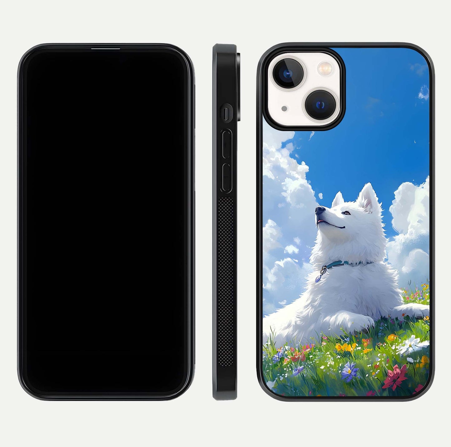 Blissful Cloud Pup Glass Case for iPhone 16 Pro front-and-back layout showing art alignment and edge design