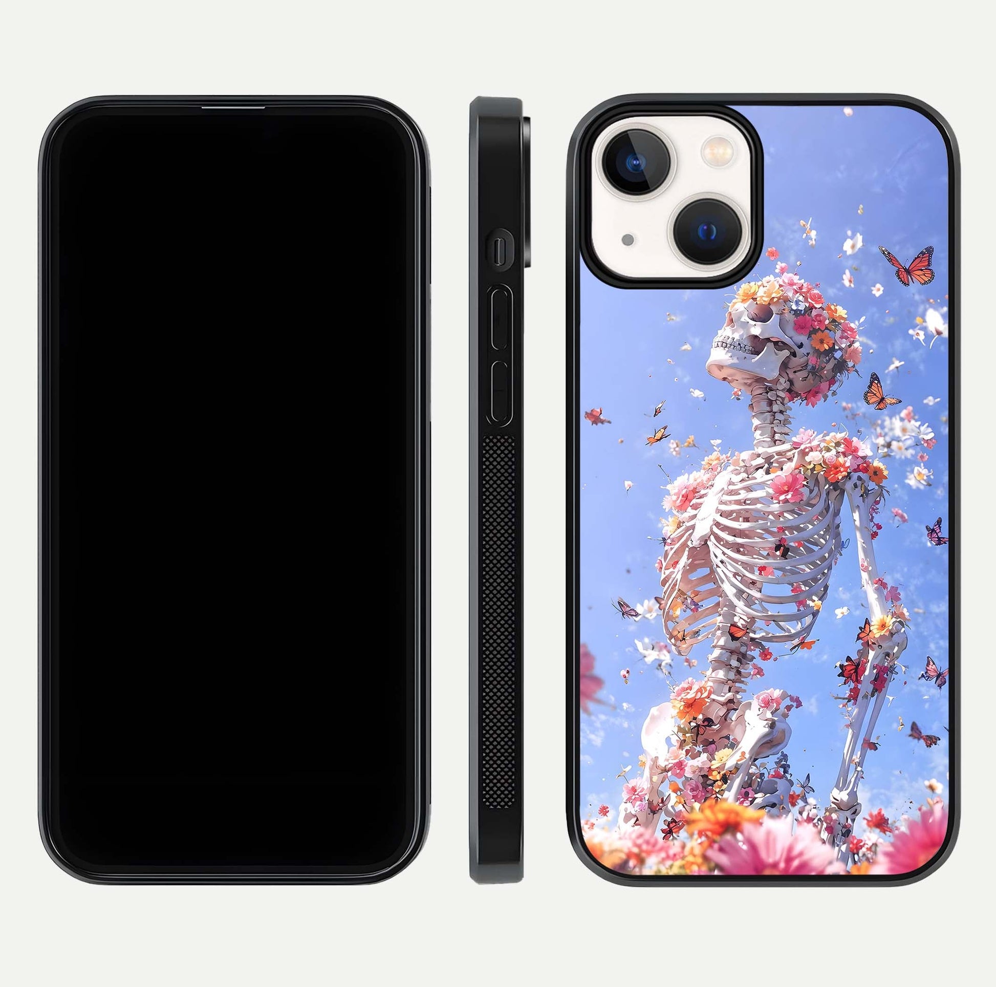 Bloom Beyond Bones Glass Case for iPhone 16 Pro dual-view layout showing creative aesthetic and edge design