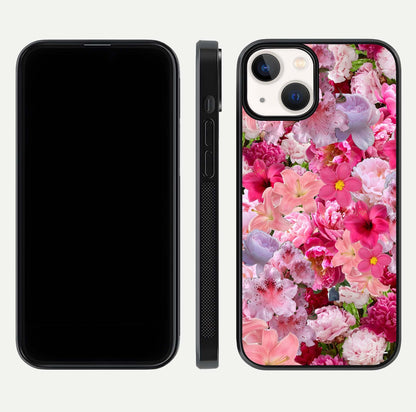 Bloom Crush Fantasy Glass Case for iPhone 13 Mini dual-view layout highlighting edges and premium shine