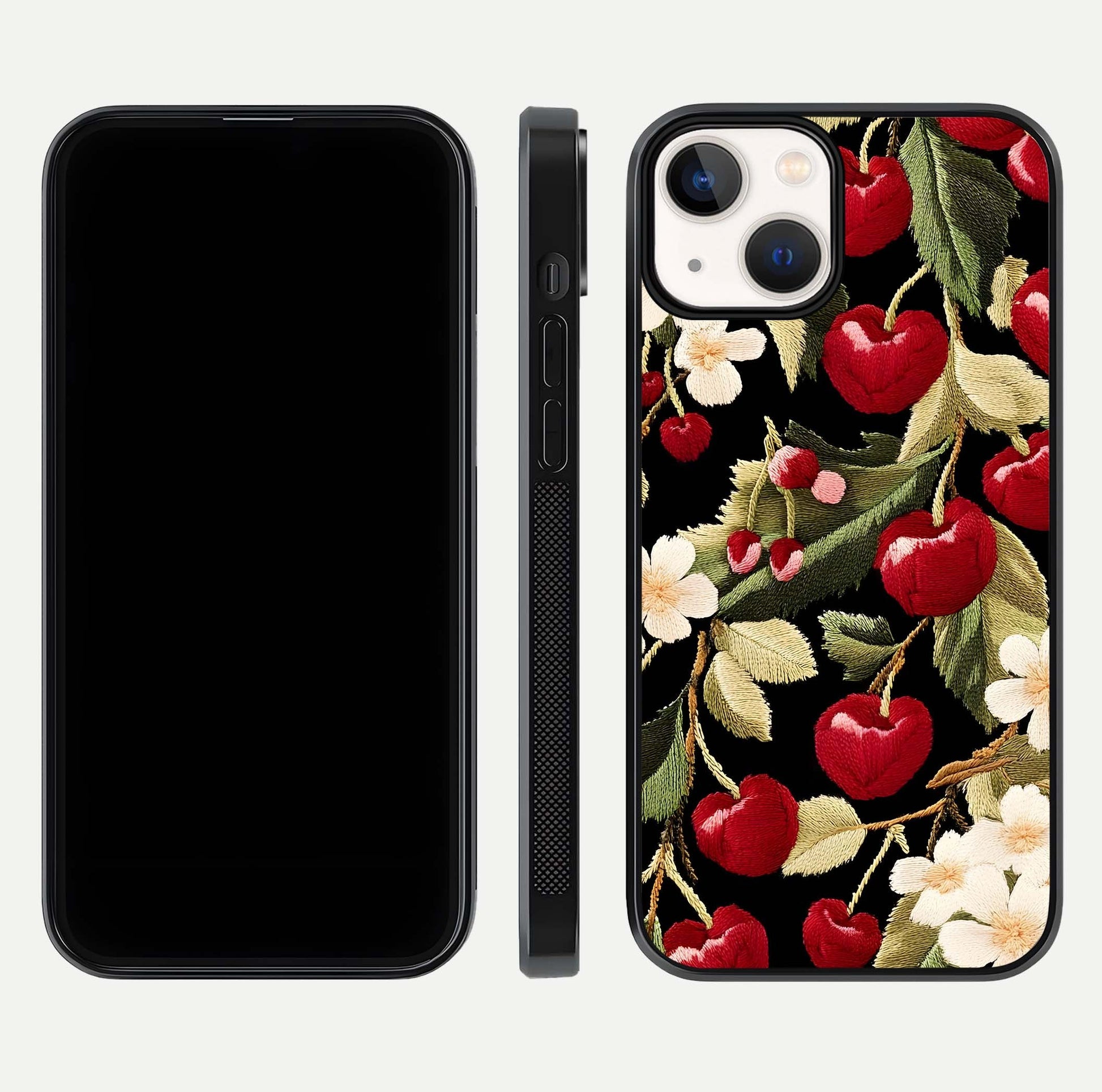 Bloom Thread Art Glass Case for iPhone 13 Mini front-and-back layout showing smooth edges and high-clarity print