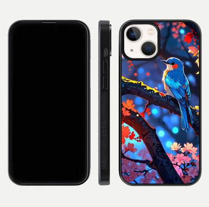 Blooming Spendor Bird Glass Case for iPhone 13 Mini front-and-back view showing nature print and protective edge