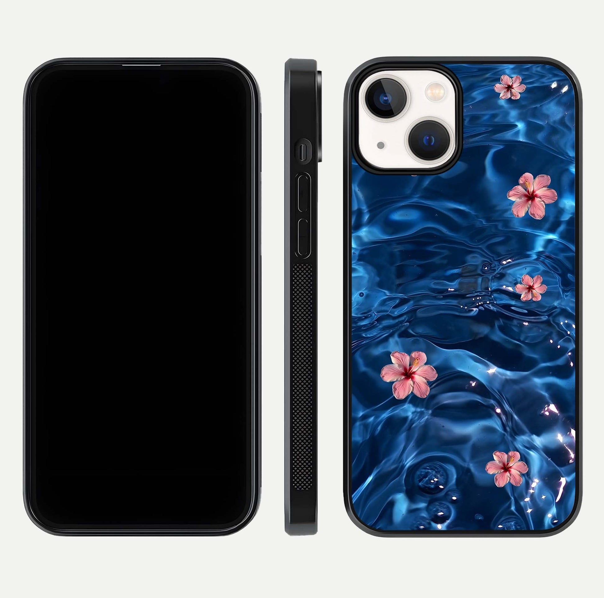 Blooming Water Drift Glass Case for iPhone 13 Mini front-and-back layout highlighting edge design and serene water bloom art