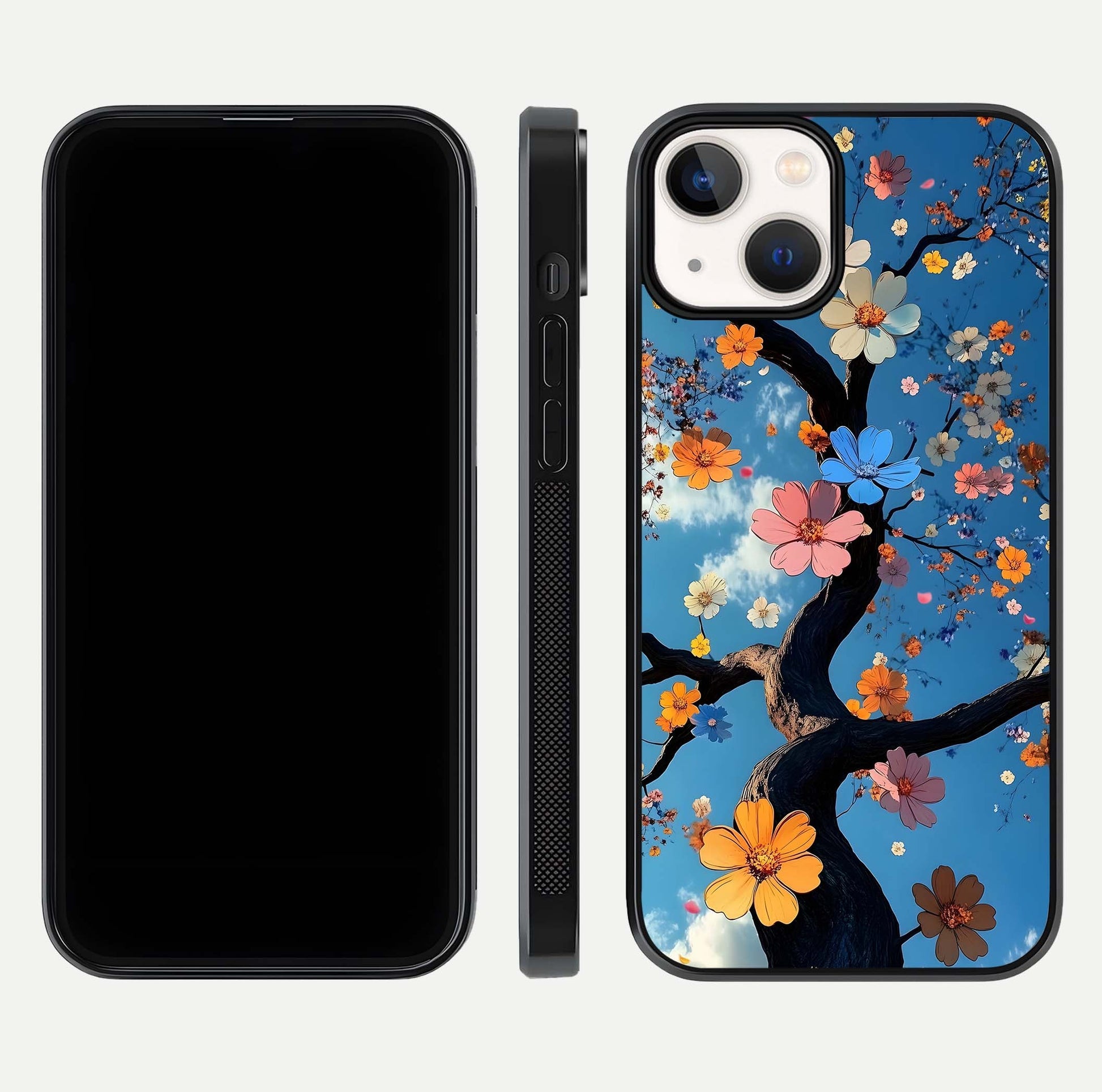 Blossom Dream Sky Glass Case for iPhone 13 Mini front-and-back layout showing floral print and premium edge gloss