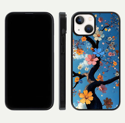 Blossom Dream Sky Glass Case for iPhone 13 Mini front-and-back layout showing floral print and premium edge gloss