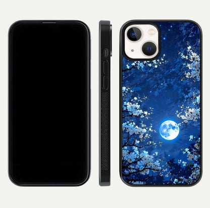 Blossom Moonlight Sky Glass Case for iPhone 13 Mini dual-view layout highlighting sky gradient and floral composition