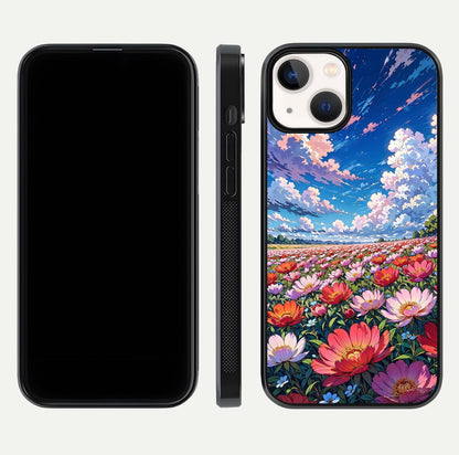 Blossom Sky Field Glass Case for iPhone 13 Mini front-and-back layout highlighting design edges and gloss clarity