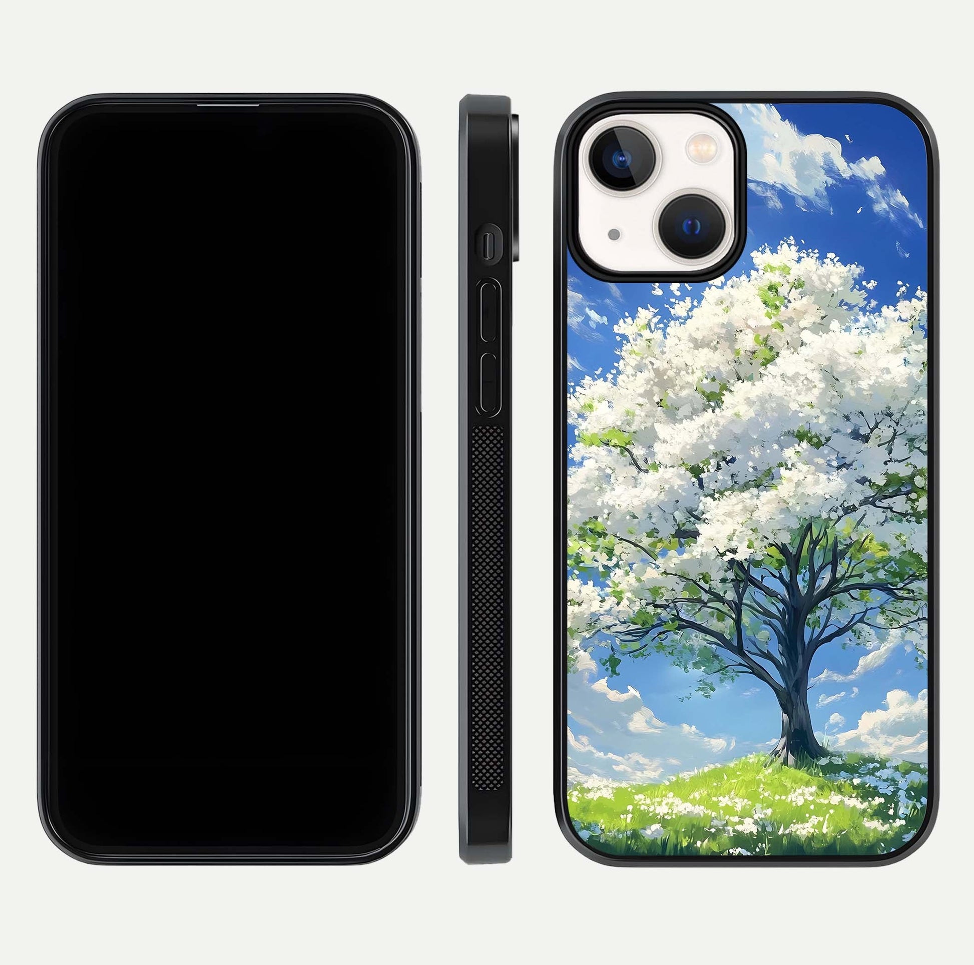Blossom Sky Serenity Glass Case for iPhone 13 Mini dual-view layout showing pastel hues and soft protective edges